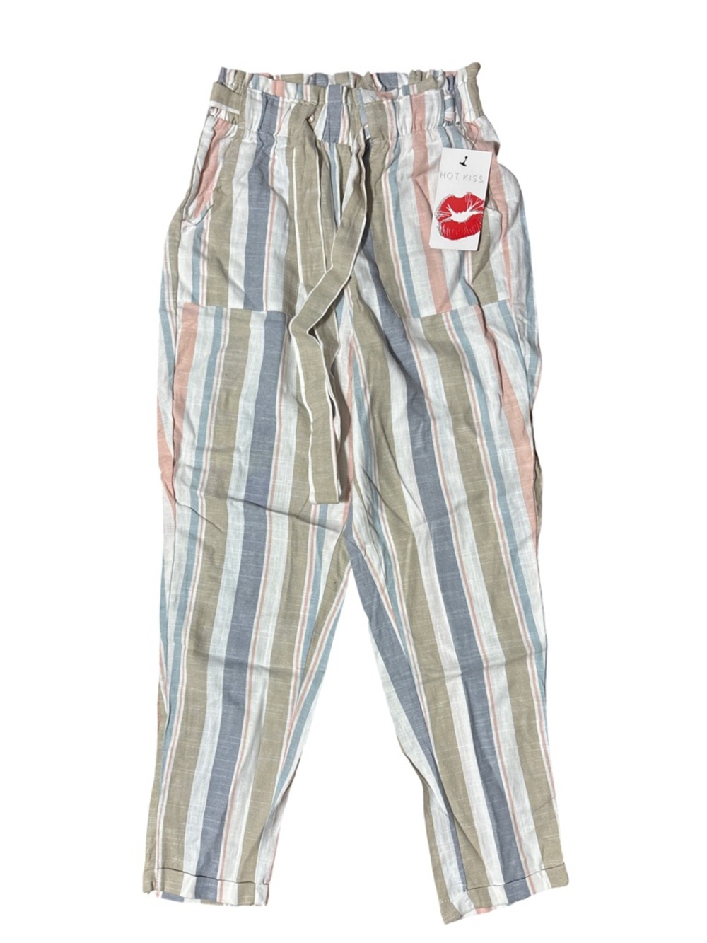 Hot Kiss Striped Paperbag Waist Trousers Blue Green Pink Cream